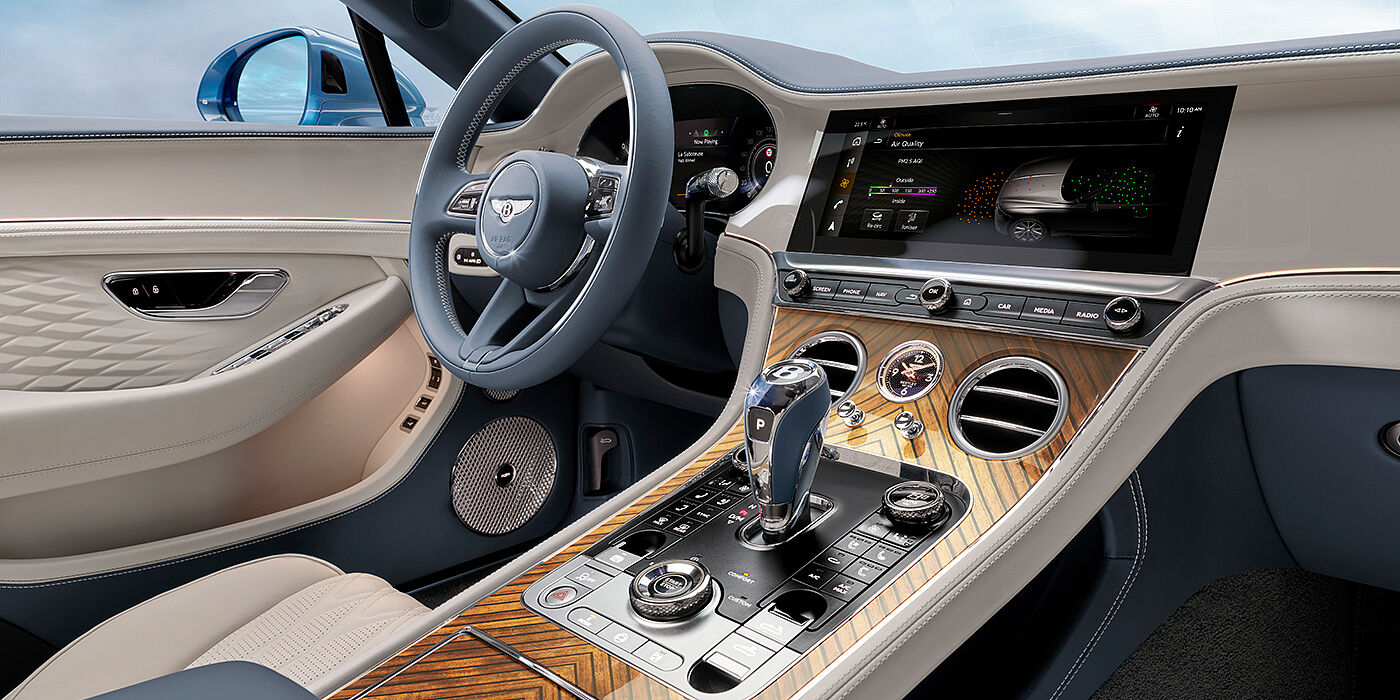 Bentley Tbilisi New Bentley Continental GTC Azure convertible interior front cabin view with Linen and Brunel hides and Piano Linen by Mulliner veneer featuring centre console and centre MMI screen