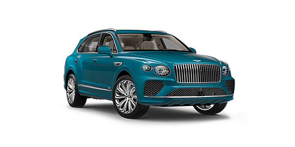 Bentley Tbilisi Bentayga Azure luxury SUV front three quarter in Topaz Blue by Mulliner paint
