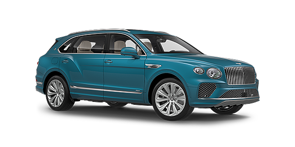 Bentley Tbilisi Bentayga Extended Wheelbase Azure luxury SUV front three quarter in Topaz Blue by Mulliner paint